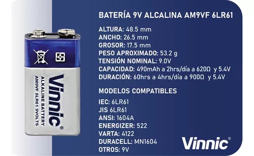 BATERIA 9V ALCALINA VINNIC AM9VF  